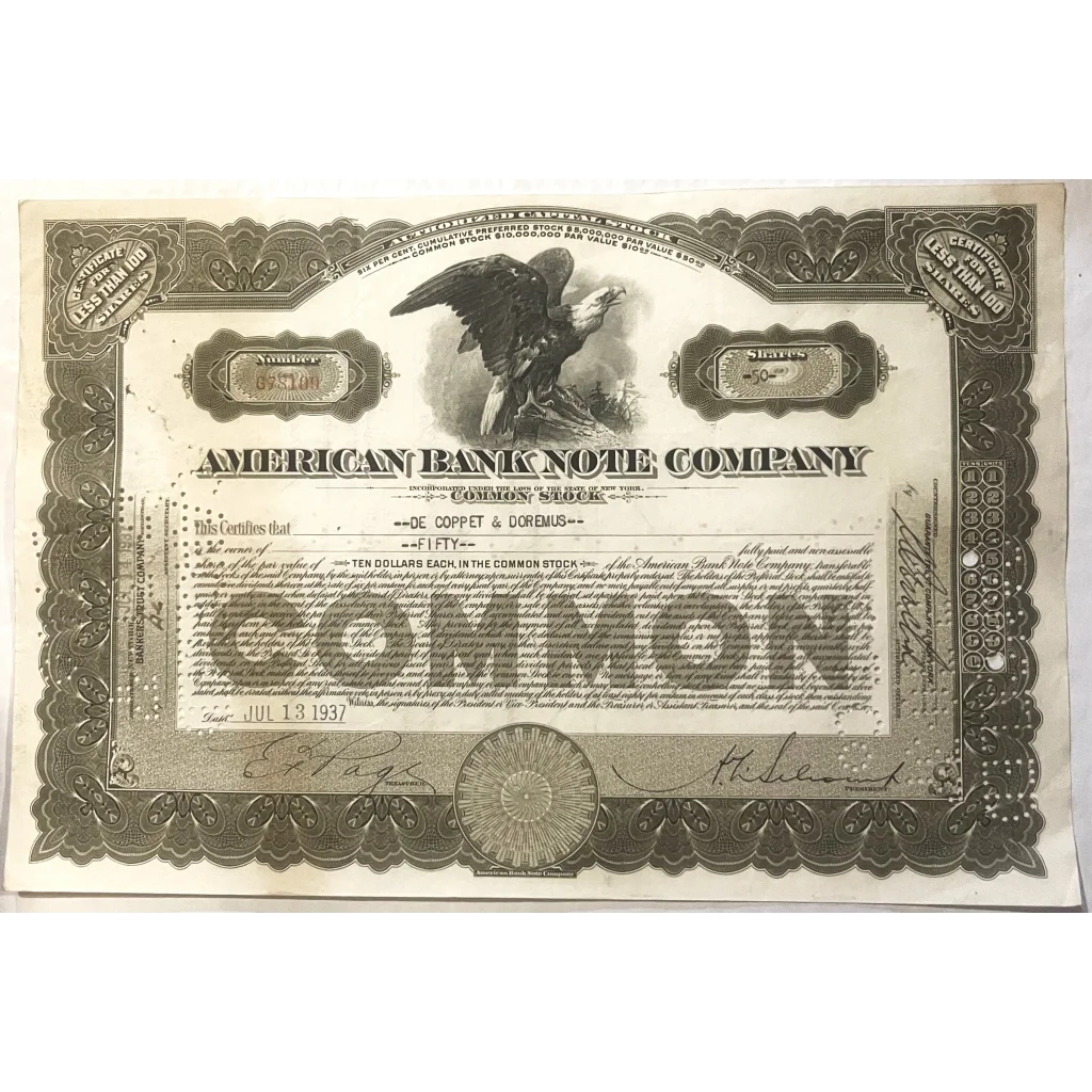 Vintage 1920s - 1930s American Bank Note Company Stock Certificate Green Collectibles 1920s-1930s in Vibrant