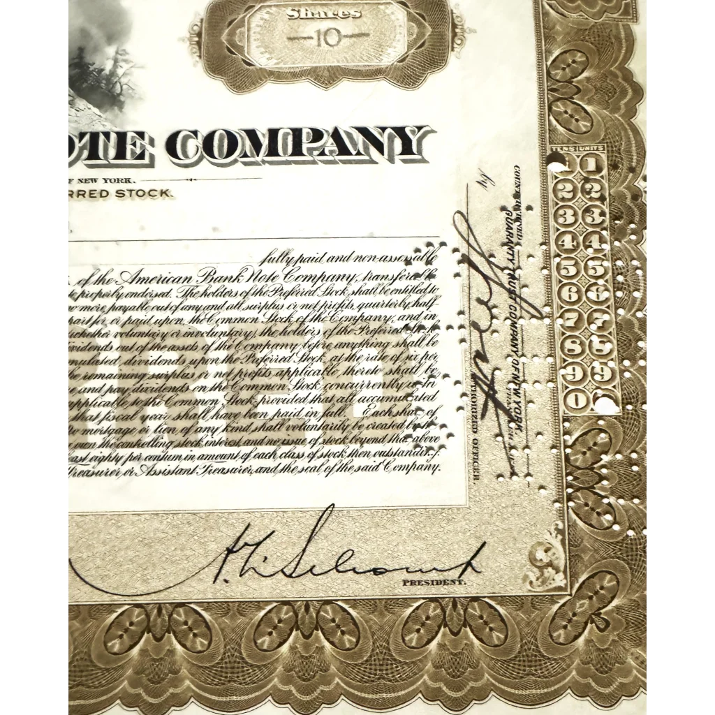 Vintage American Bank Note stock certificate with ornate design and signatures from the 1920s