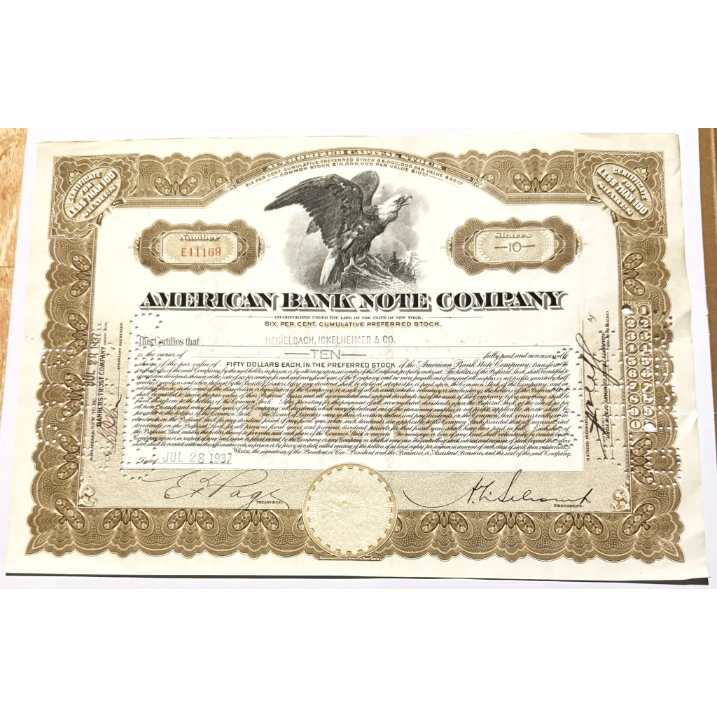 American Bank Note stock certificate with eagle design from the Roaring 20s era