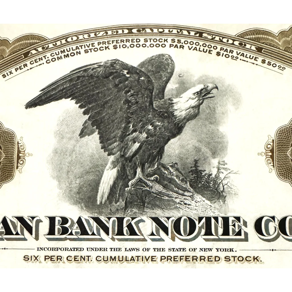 Bald Eagle with wings spread on a branch, highlighting American Bank Note heritage