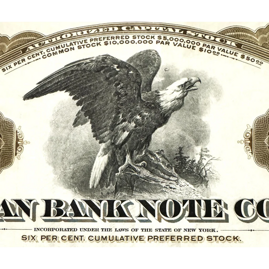 Bald Eagle with wings spread on a branch, highlighting American Bank Note heritage