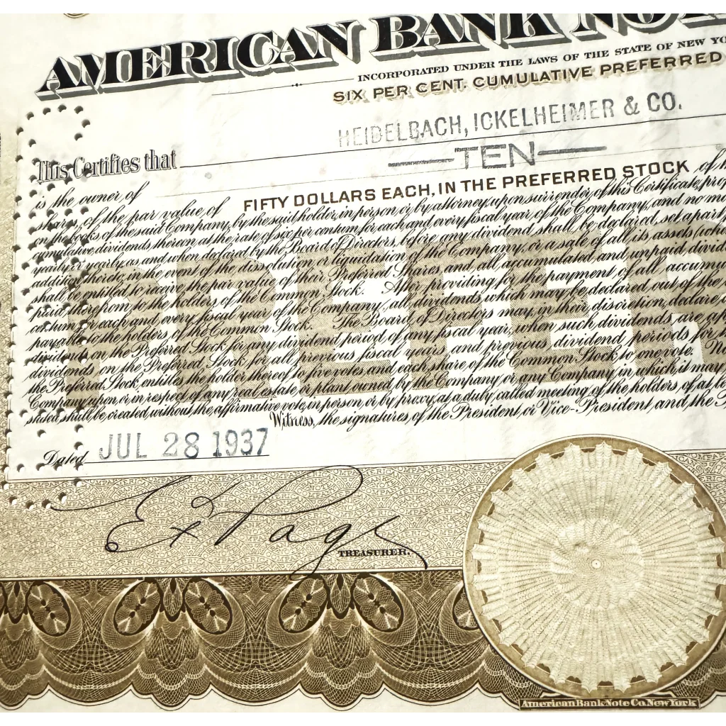 Vintage American Bank Note stock certificate from July 28, 1937, a unique treasure