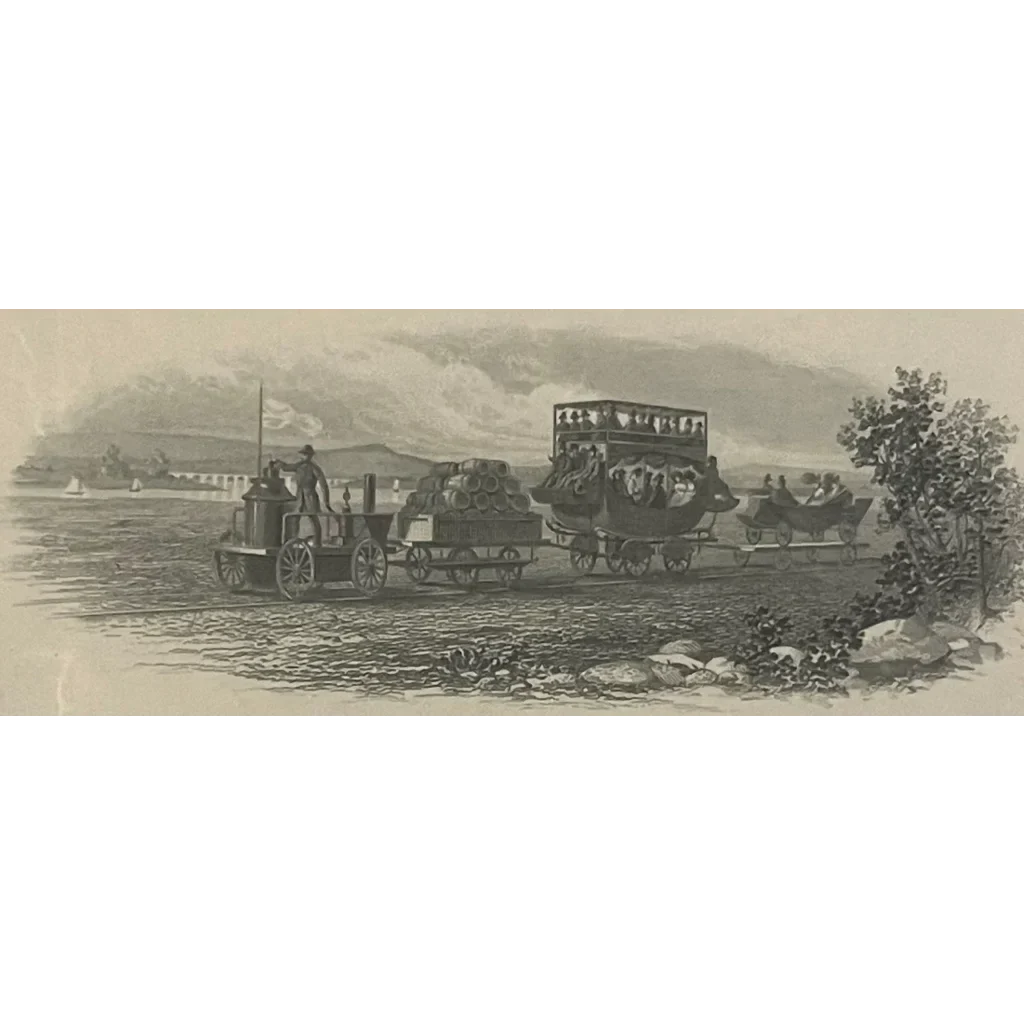 Horse-drawn stagecoach on a riverbank with Rare Antique B&O Railroad Stock Certificate