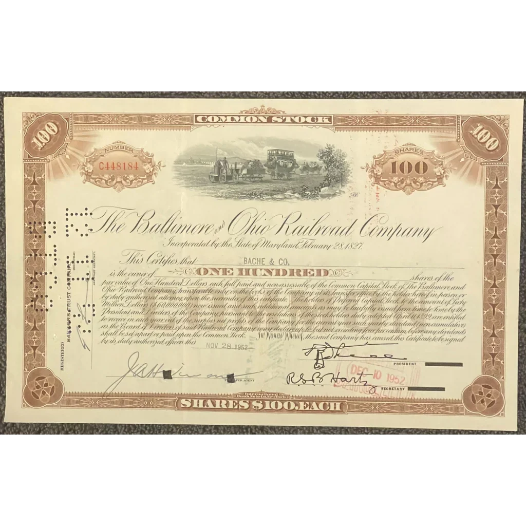 Rare Antique B&O Railroad Stock Certificate for 100 shares, 1930s-1950s vintage design