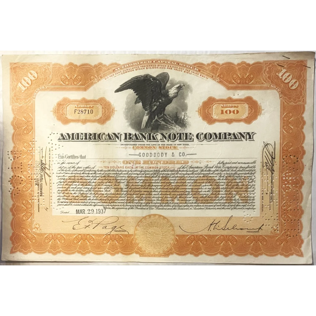 Vintage 1930s - 1960s American Bank Note Company Stock Certificate Orange Collectibles Rare Find: Certificates