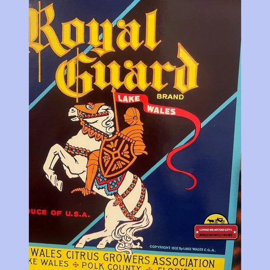 Vintage 1930s Royal Guard Crate Label Lake Wales FL Knight on Horseback Advertisements and Antique Gifts Home page Rare