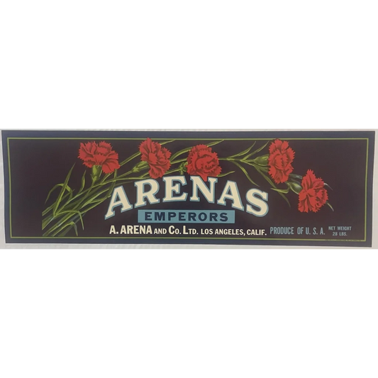 Vintage 1940s Arenas Emperors Crate Label Los Angeles CA 🌸 Flower Decor! Advertisements Antique Food and Home Misc.