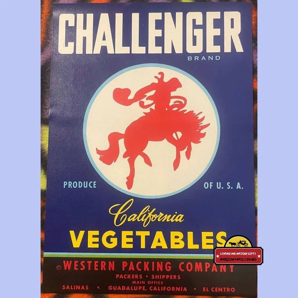 Vintage Challenger crate label showcasing a cowboy on a horse from the 1940s