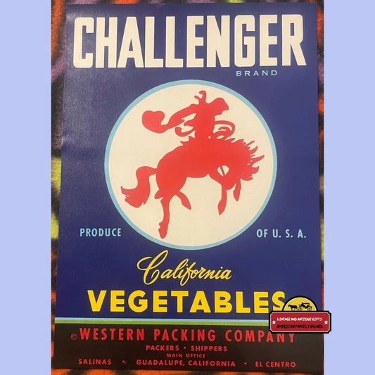 Vintage 1940s 🤠 Challenger Crate Label Guadalupe CA Rodeo Cowboy 🐎 Advertisements - Rare Collector’s Art