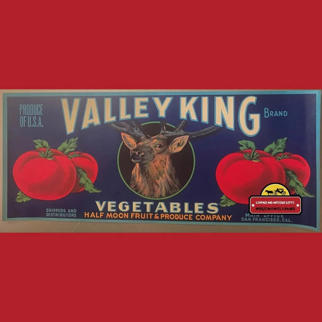 Vintage 1940s Valley King Vegetable Crate Label Elk Buck Stag San Francisco CA Authentic