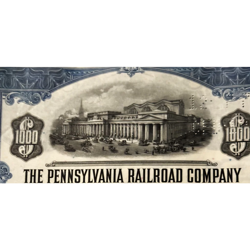 Stock certificate of Pennsylvania Railroad with grand station illustration for Pennsy Gold Bond