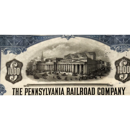 Stock certificate of Pennsylvania Railroad with grand station illustration for Pennsy Gold Bond