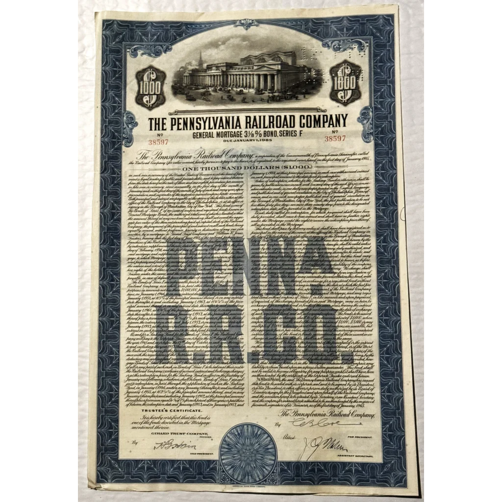 Ornate 1945 Pennsylvania Railroad gold bond certificate with engraved details