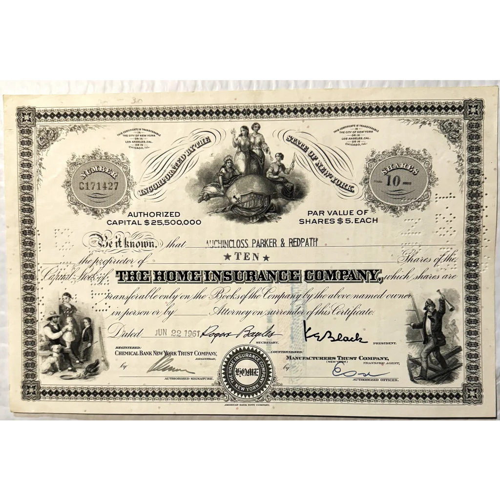 Vintage Home Insurance Company stock certificate with ornate design and history