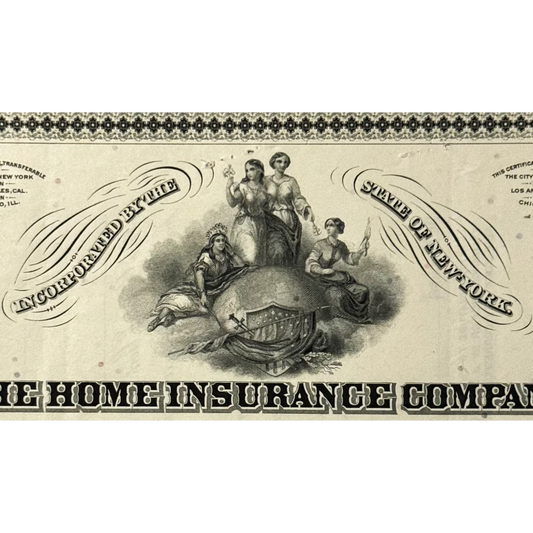 Rare 1950s Home Insurance Company certificate with allegorical figures and globe design