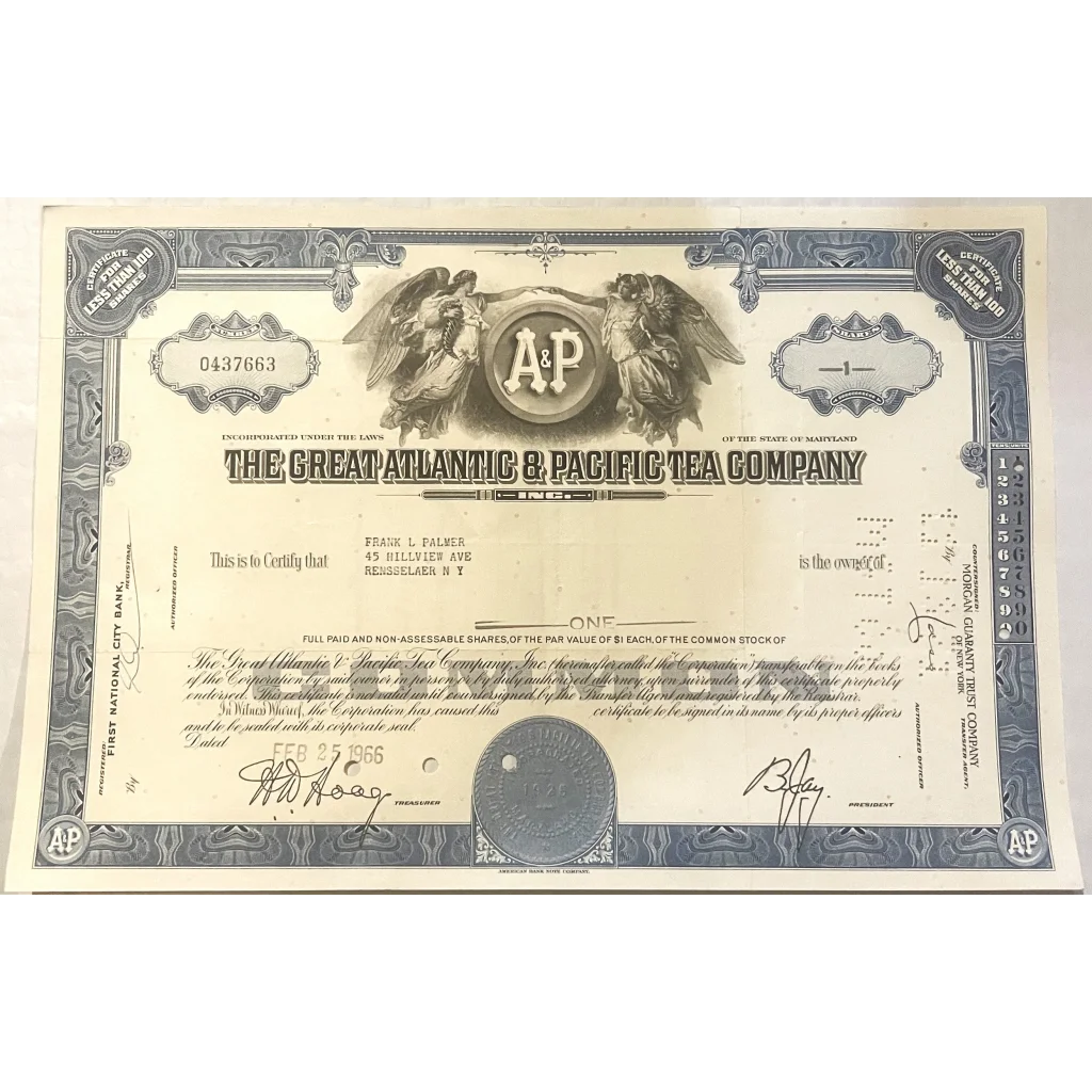 Vintage 1950s - 1970s Great Atlantic Pacific Tea Company Stock Certificate A&P! Collectibles Rare A&P - Company!