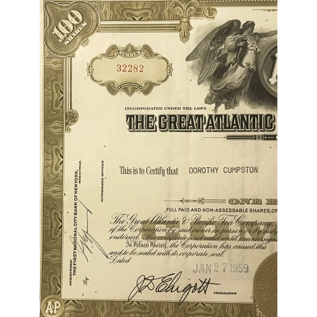 Rare A&P stock certificate from The Great Atlantic & Pacific Tea Company in vintage green