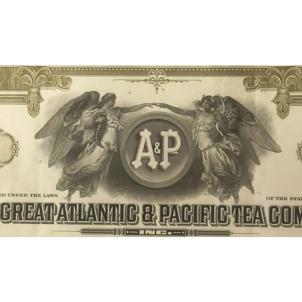 Ornate A&P stock certificate header with vintage design, winged figures, and logo