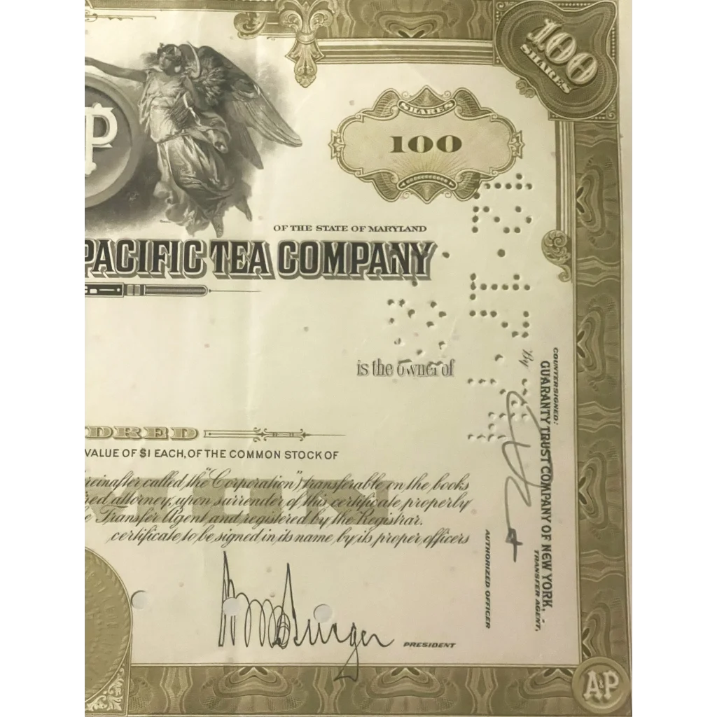 Stock certificate for Pacific Tea Company, a vintage A&P collectible from the 1950s