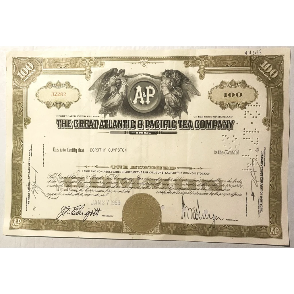 Rare A&P stock certificate vintage collectible from the 1950s to 1970s in green