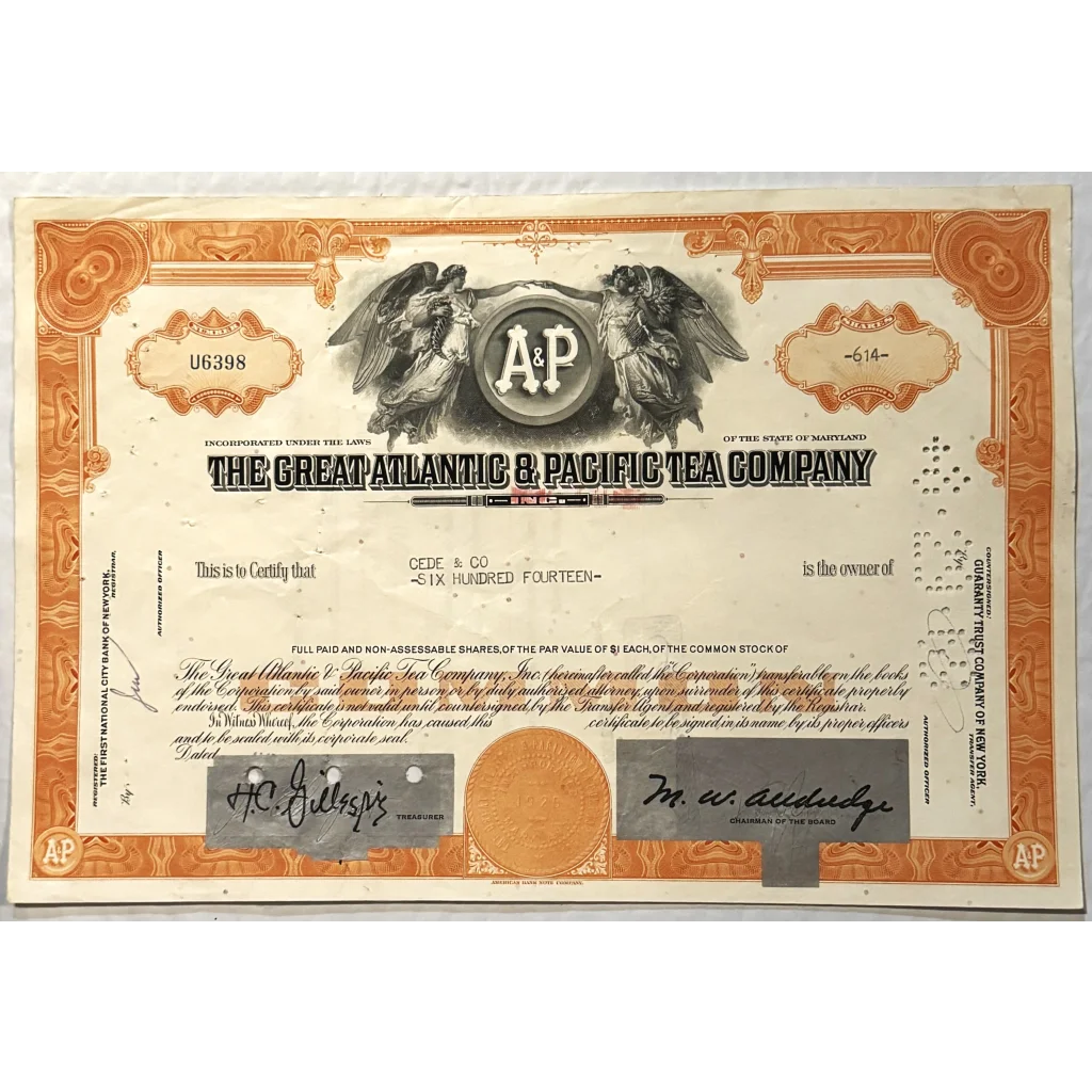 Vintage 1950s -1970s Great Atlantic Pacific Tea Company Stock Certificate Orange Collectibles A&p with Historical