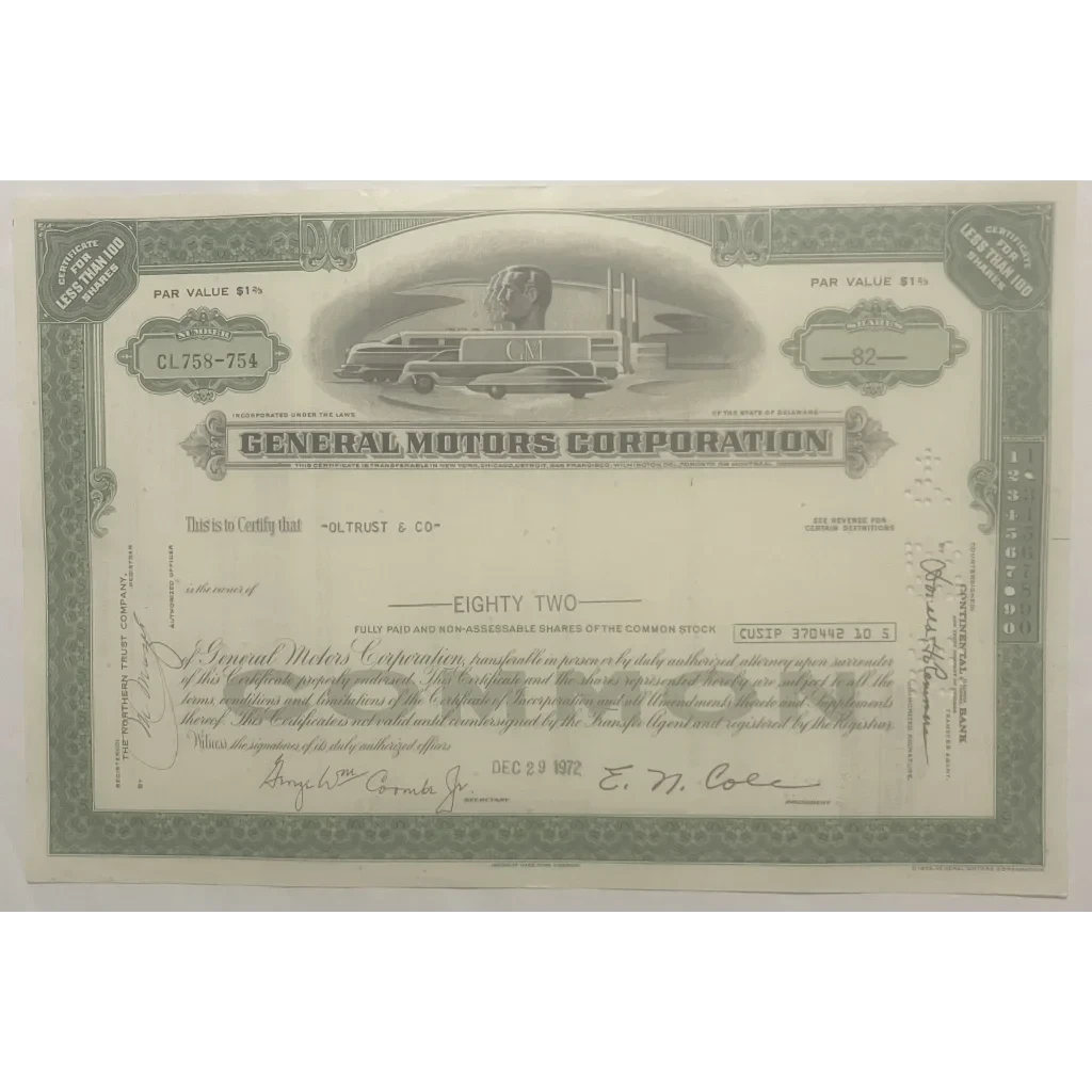 Vintage 1950s - 1980s GM General Motors Stock Certificate American Icon! Collectibles Antique and Bond Certificates Own