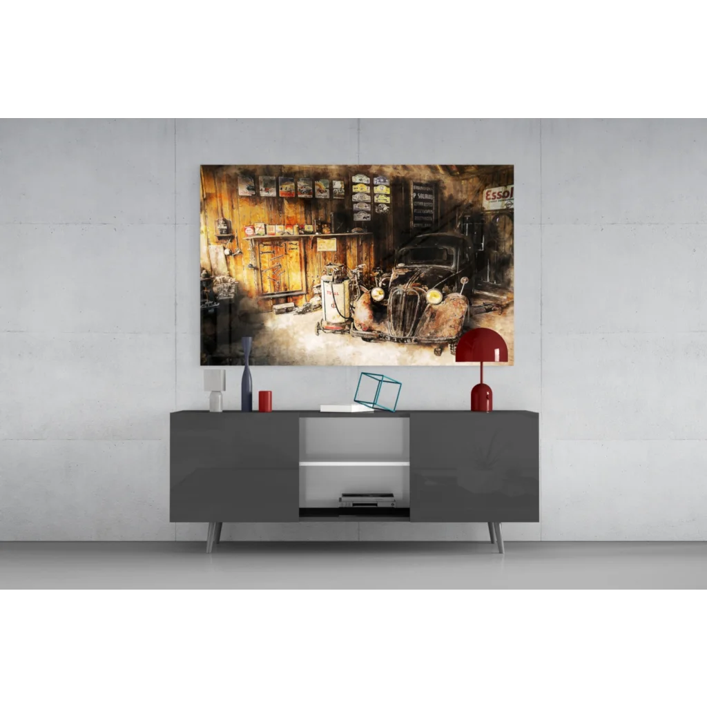 Vintage 1950s car garage wall art canvas print with rustic charm