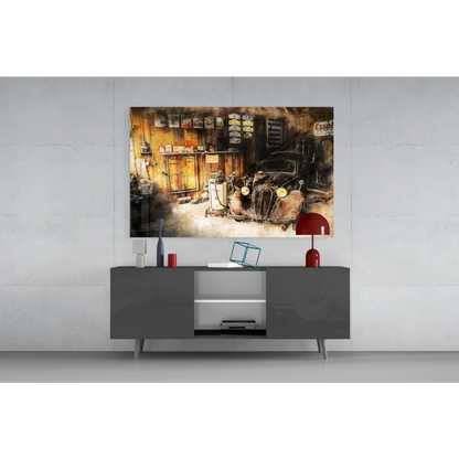 Vintage 1950s car garage wall art canvas print with rustic charm