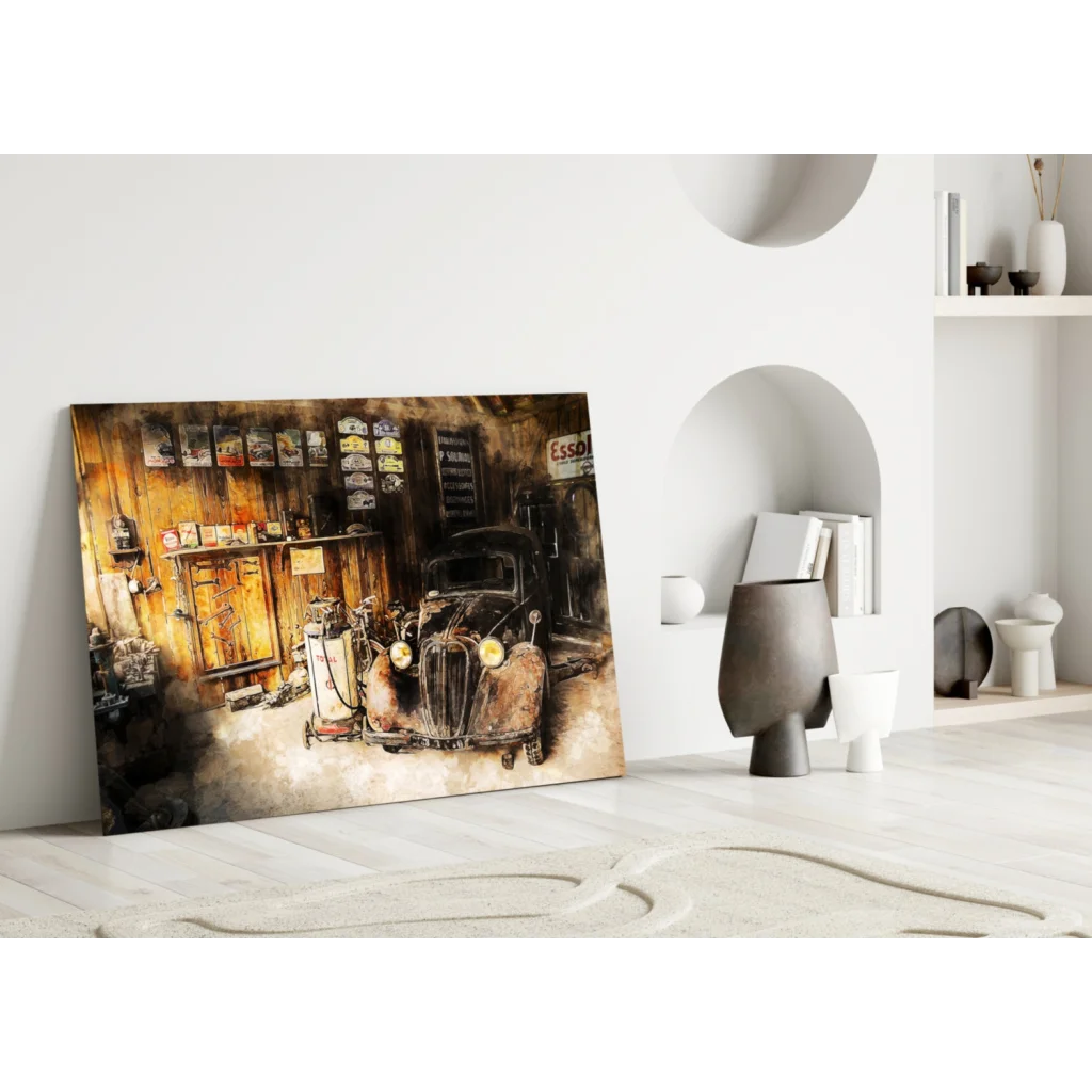 Vintage 1950s car garage canvas wall art with rustic wood accents