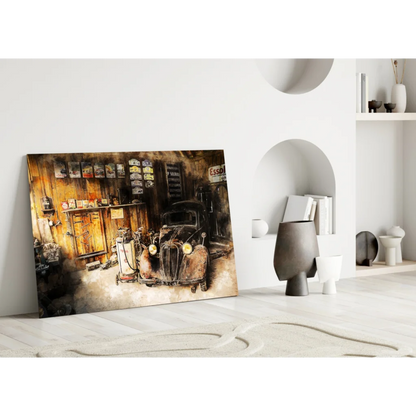 Vintage 1950s car garage canvas wall art with rustic wood accents