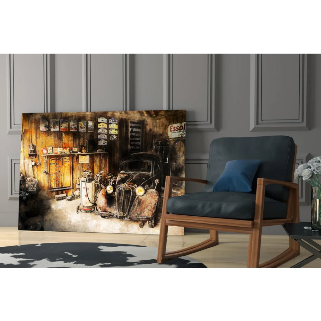 Vintage 1950s car garage wall art canvas print in rustic wood frame with dark brown and gold accents