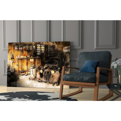 Vintage 1950s car garage wall art canvas print in rustic wood frame with dark brown and gold accents
