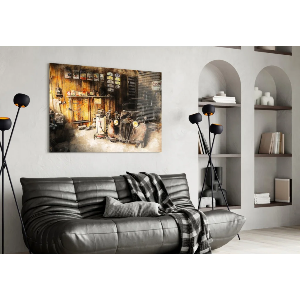 Vintage 1950s car garage wall art canvas print with black leather sofa and checkered blanket