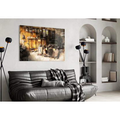 Vintage 1950s car garage wall art canvas print with black leather sofa and checkered blanket