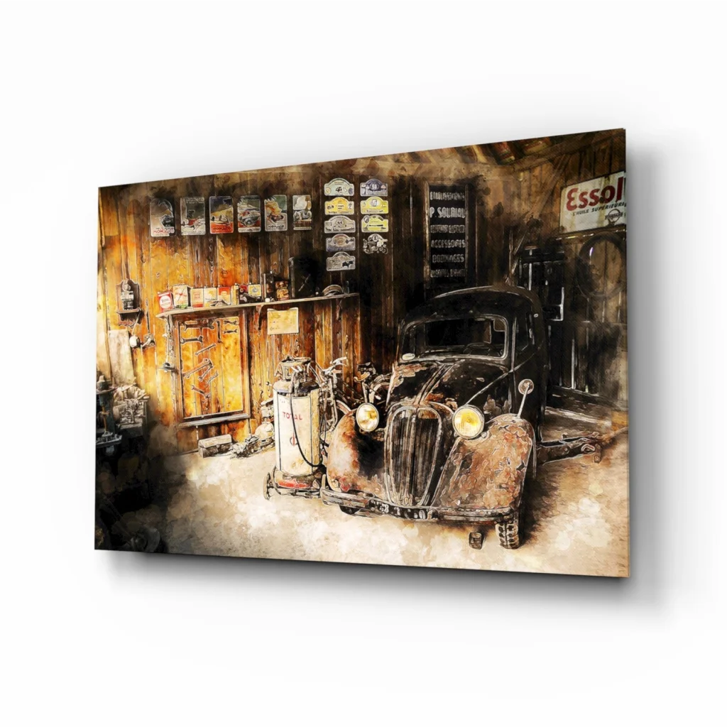 1950s vintage car poster wall art canvas print with rusted retro details