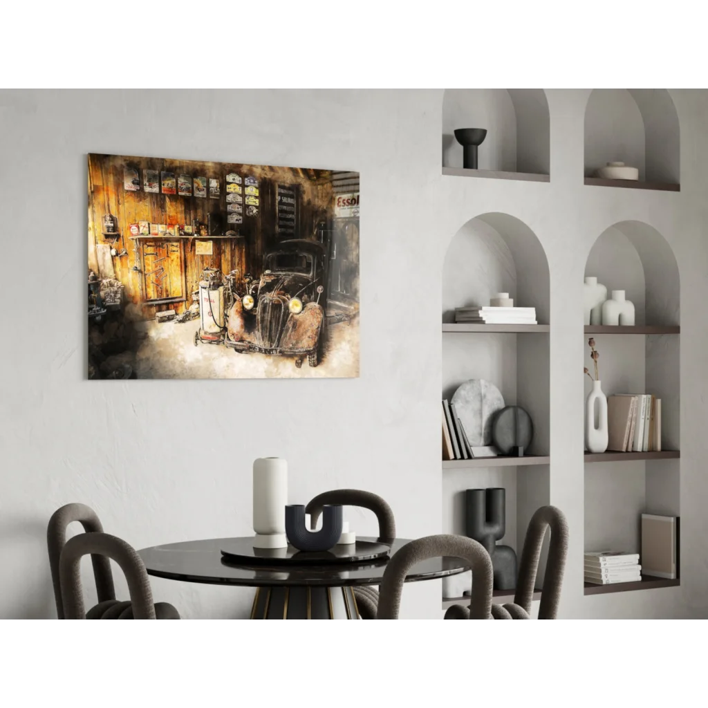 Vintage 1950s car garage wall art canvas print with rustic charm