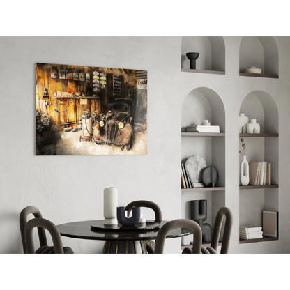 Vintage 1950s car garage wall art canvas print with rustic charm