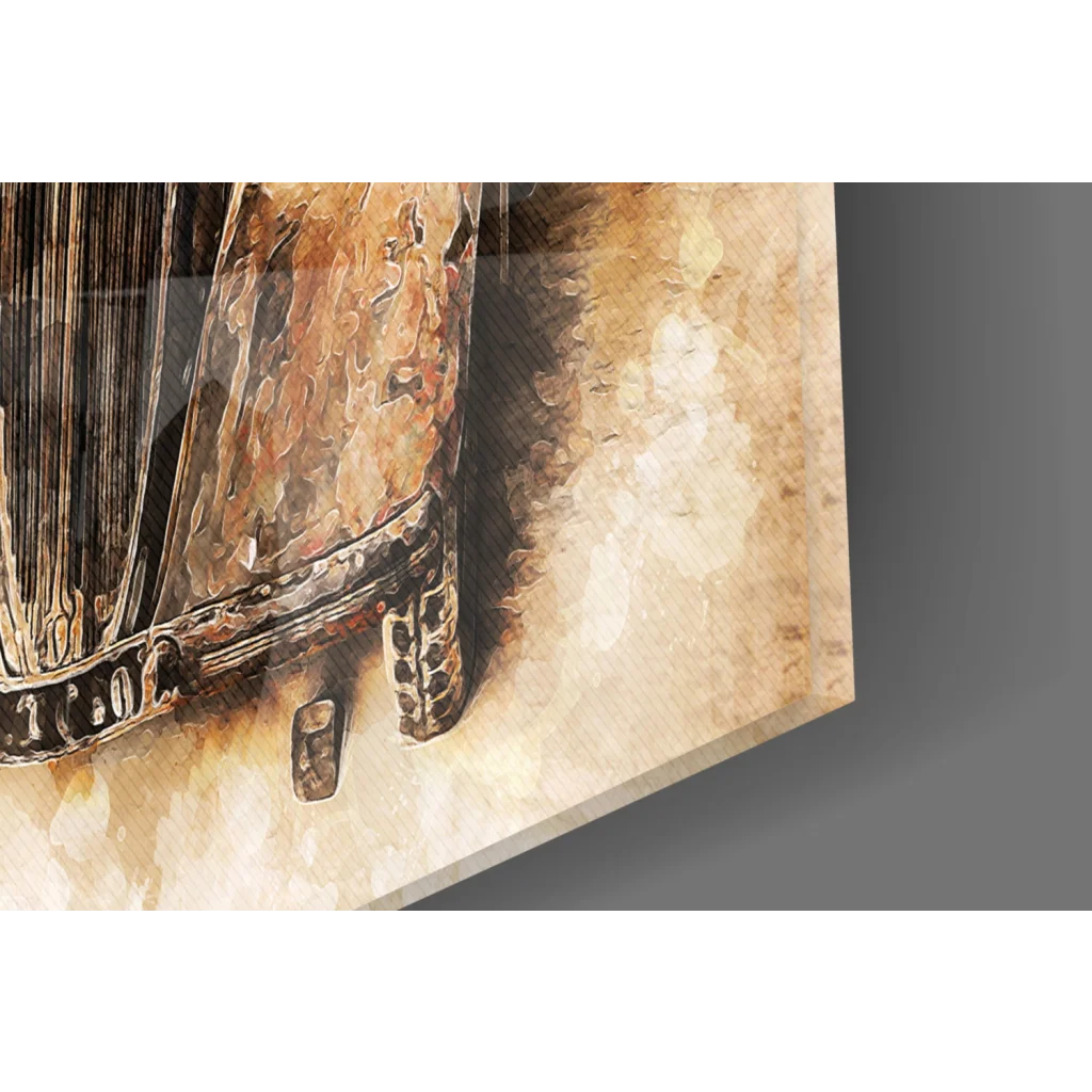 Vintage 1950s brown car canvas wall art with metallic accents