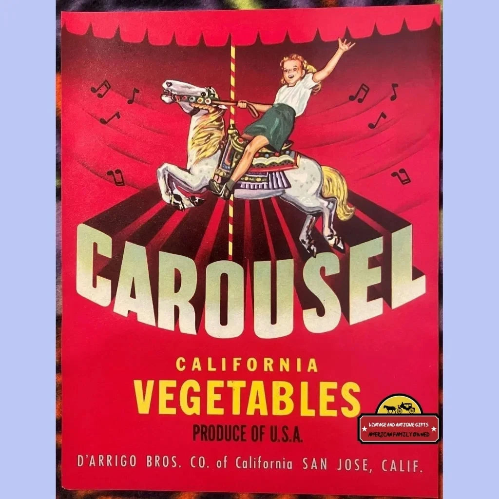 Vintage 1950s Carousel Crate Label San Jose CA Child Merry Go Round Advertisements Antique Food and Home Misc.