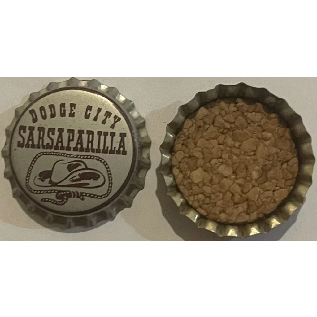 Top and bottom views of a vintage Dodge City Sarsaparilla bottle cap for nostalgia