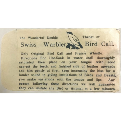 Vintage instruction card for a Swiss Warbler bird call device showcasing warbler bird sounds