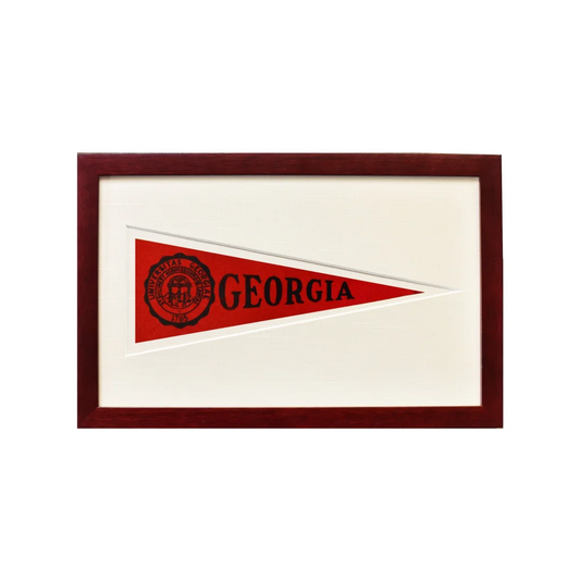 Vintage 1950s Georgia Hormel wool felt pennant in dark wood frame