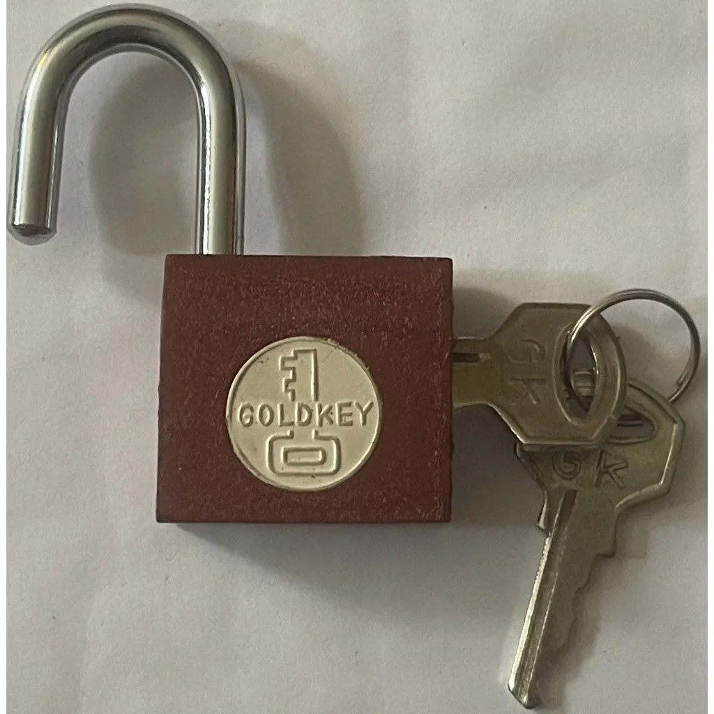 Burgundy GoldKey Iron Padlock with keys, perfect for a vintage 1950s vibe