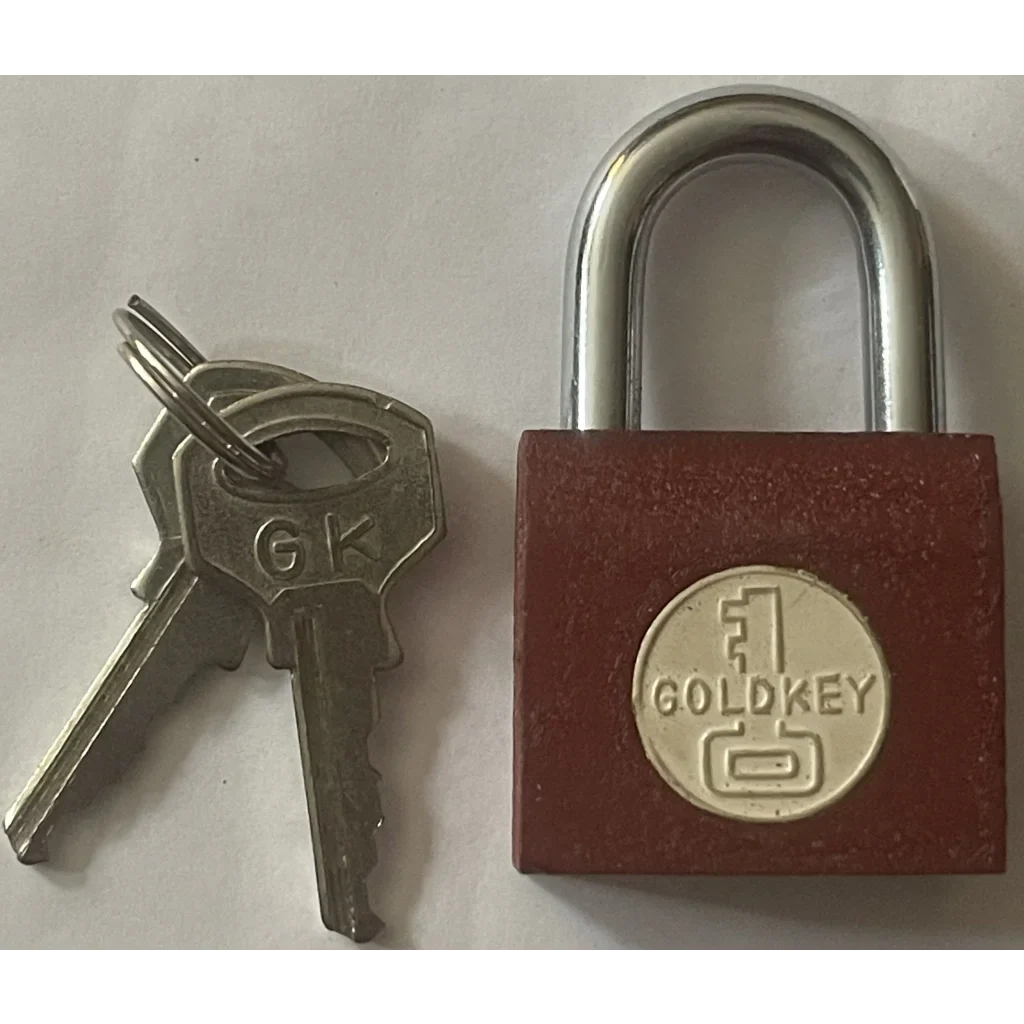 Maroon padlock with Gold Key logo and keys from Vintage 1950s GoldKey Iron Padlock