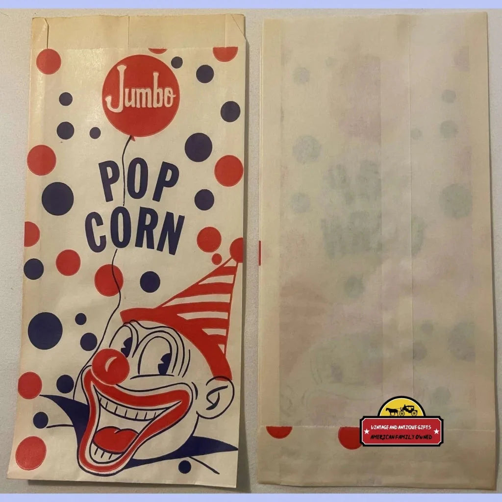 Vintage 1950s Jumbo Popcorn Bag Clown Circus Red White And Blue Advertisements Bag: