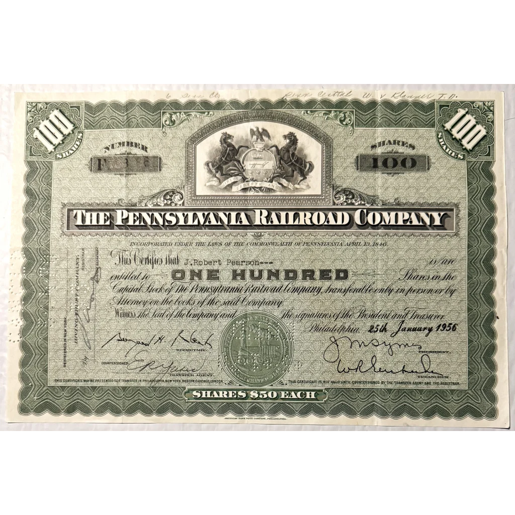 Vintage 1950s Pennsylvania Railroad stock certificate valued at one hundred dollars