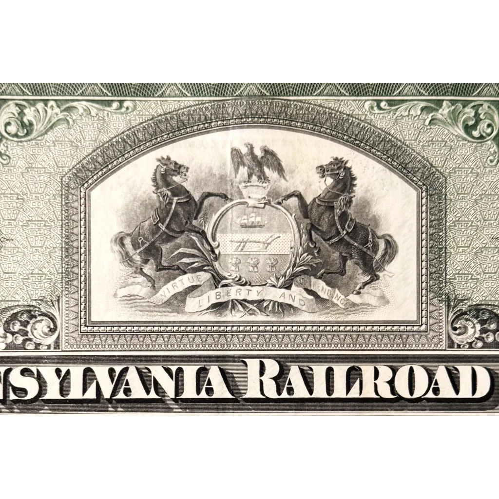 Ornate coat of arms on a 1950s Pennsylvania Railroad stock certificate header