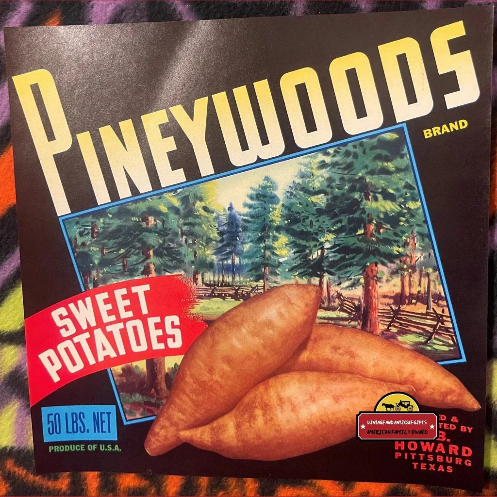 Vintage crate label for 1950s Pineywoods Sweet Potatoes with pine trees illustration