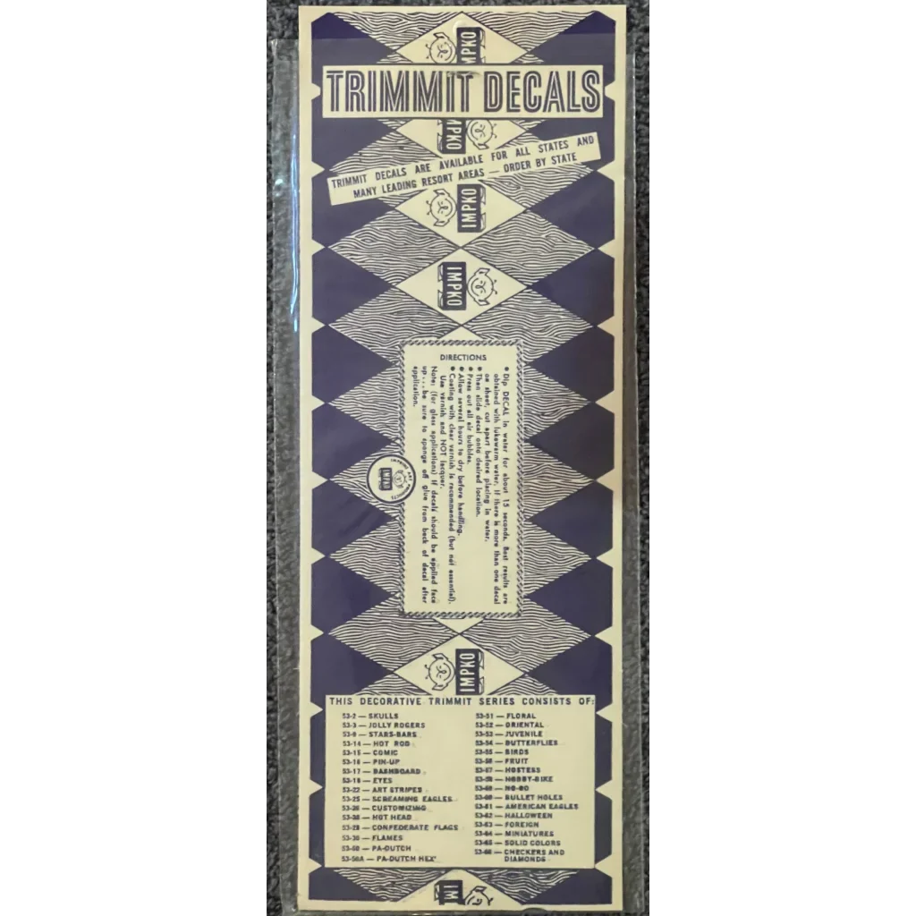 Vintage packaging for Trimmit Decals with a purple diamond design in 1950s Ringling Bros theme