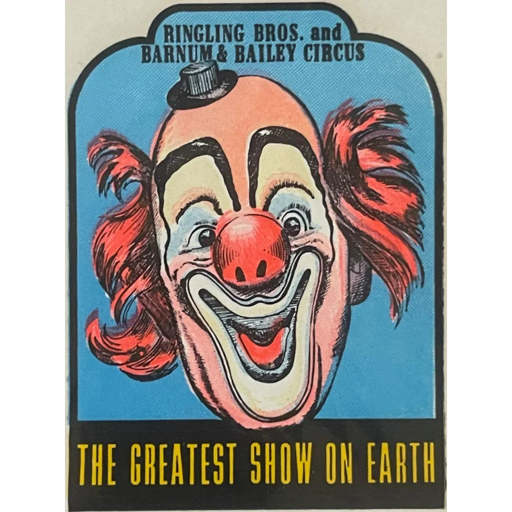 Colorful clown face with wild hair on Vintage 1950s Ringling Bros Circus Decals